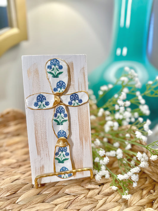 Medium Blue and Green Floral Block Print Cross