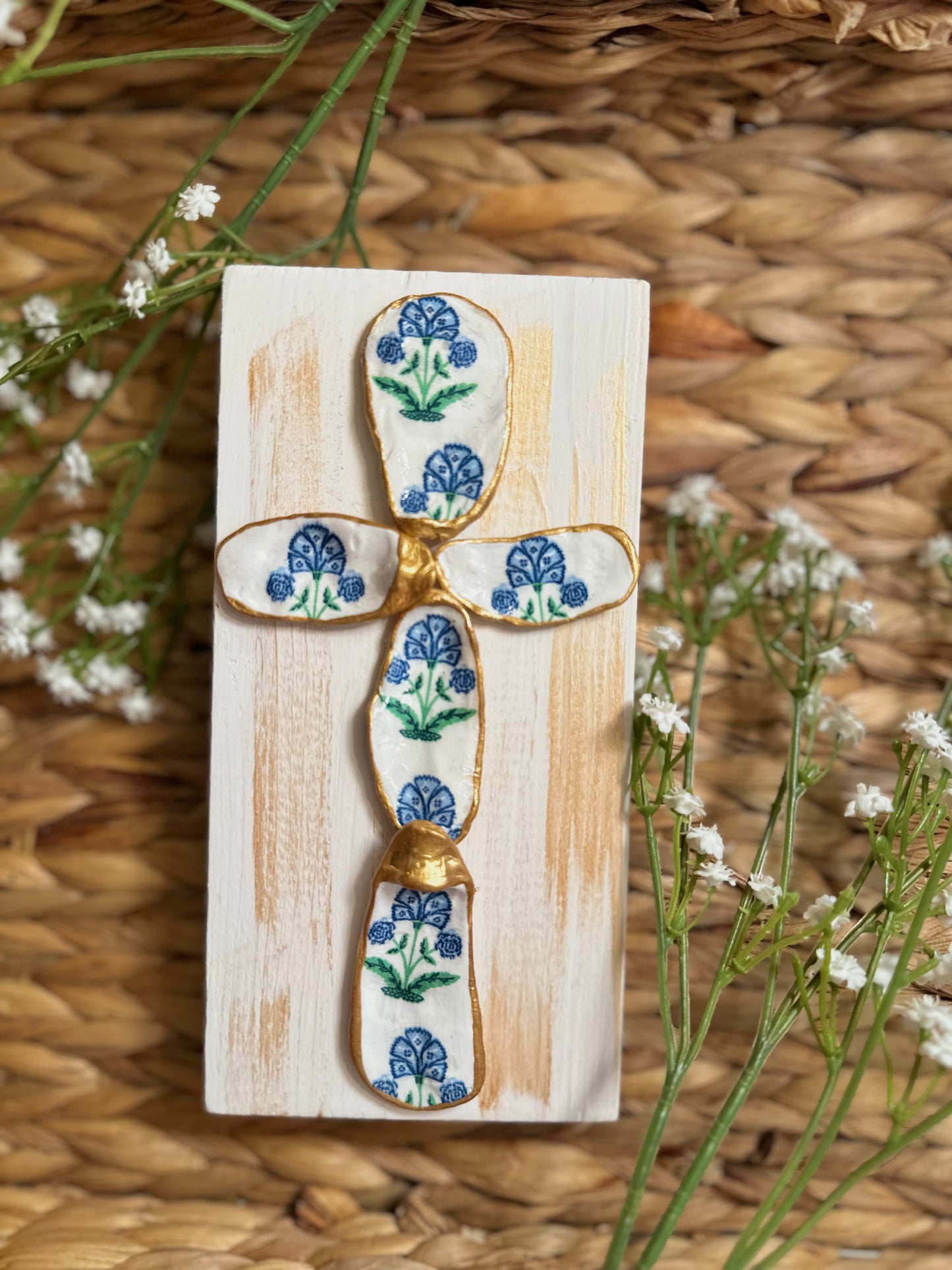 Medium Blue and Green Floral Block Print Cross
